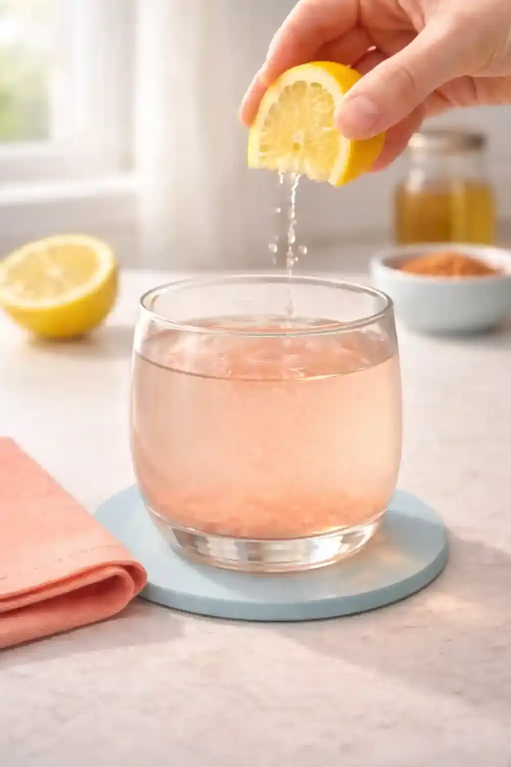 Adding Lemon to Pink Salt Drink squeezing lemon into pink salt drink