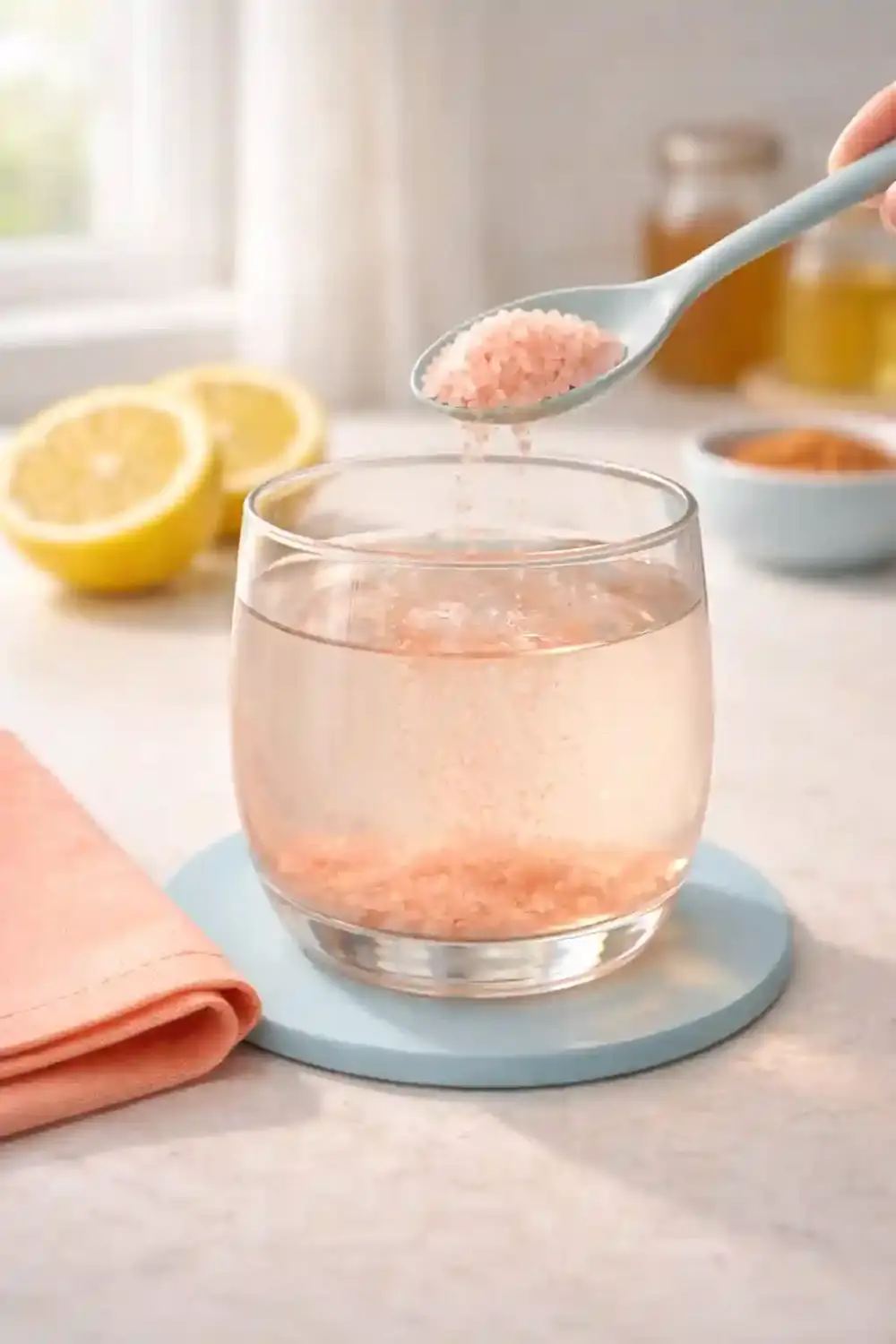 Adding Pink Salt to Drink adding Himalayan pink salt to warm water in glass