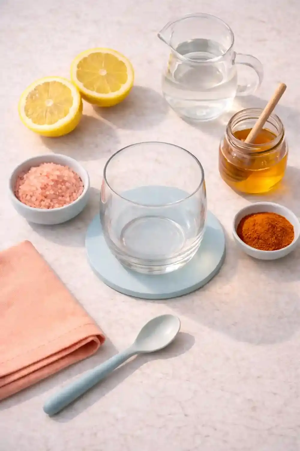 Pink Salt Drink Ingredients ingredients for pink salt drink including lemon, Himalayan salt, honey, cayenne and water