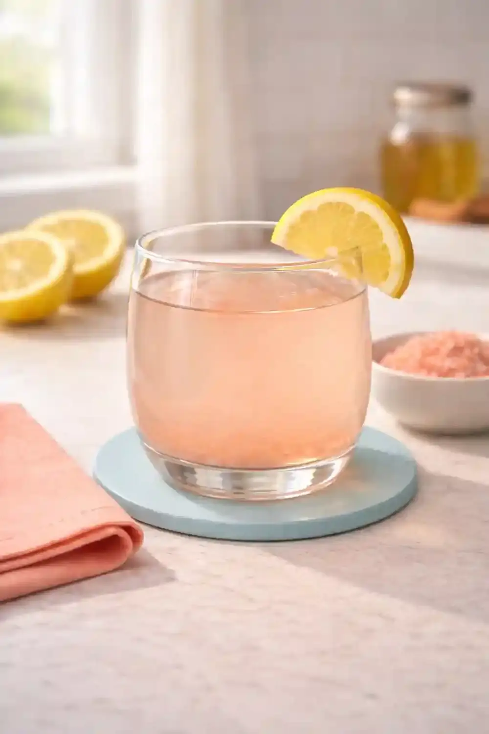 Pink Salt Drink Morning Routine pink salt lemon drink in round glass morning routine