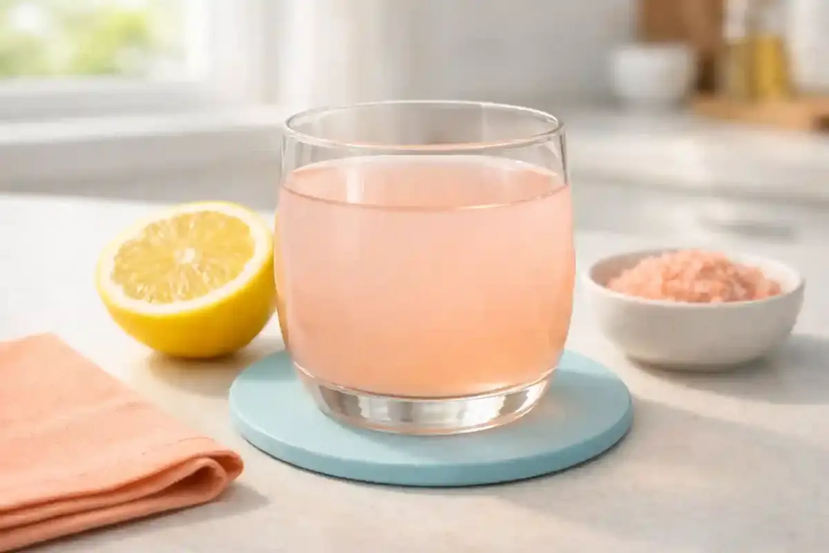 pink salt weight loss drink with lemon in round glass