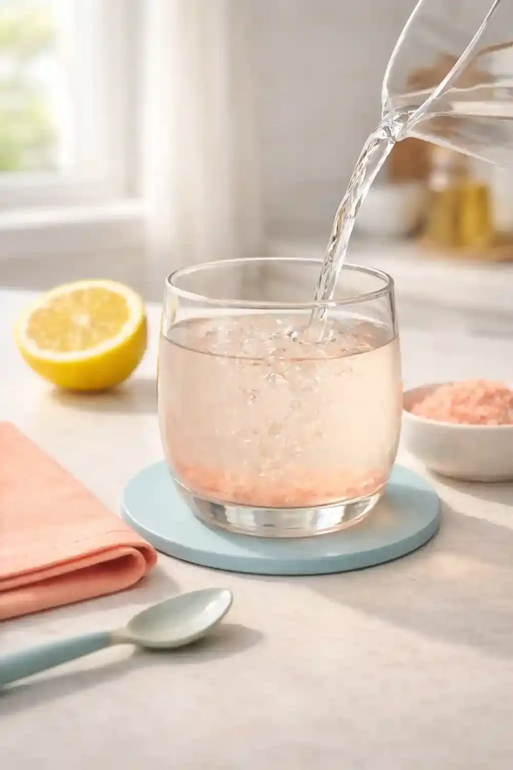 Pouring Water for Pink Salt Drink pouring warm water into round glass for pink salt drink