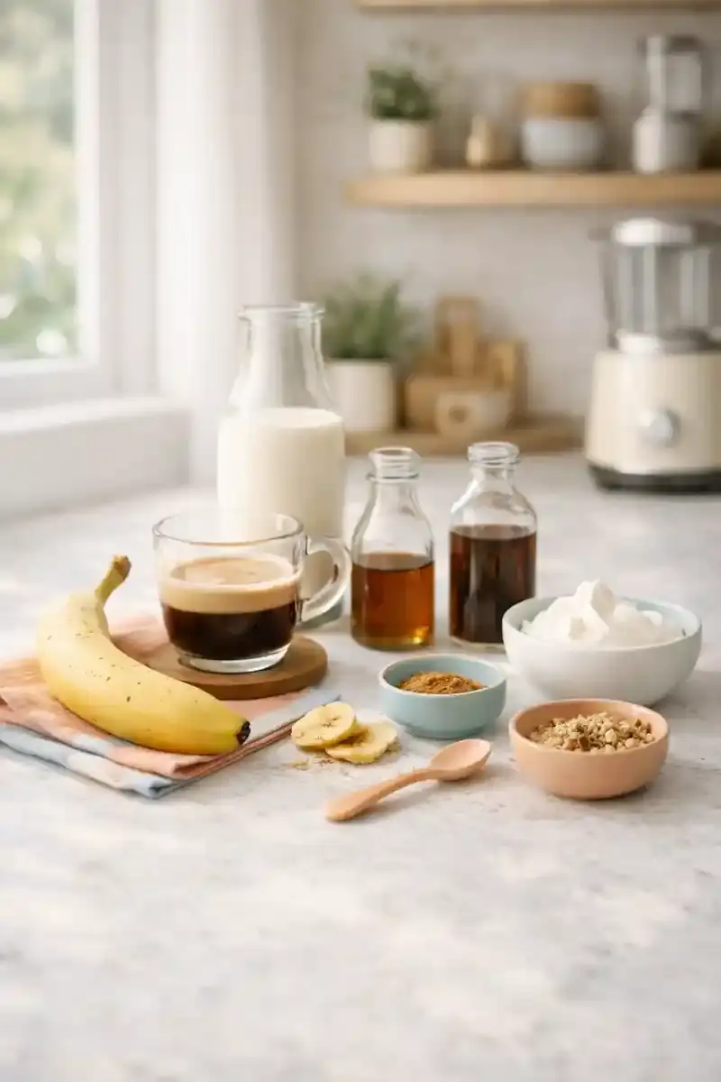 Banana Bread Latte Ingredients Ingredients for banana bread latte including banana, milk, espresso, maple syrup, vanilla, cinnamon, and nutmeg