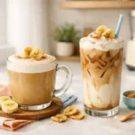 Banana bread latte served hot and iced in transparent glasses with banana slices and cinnamon