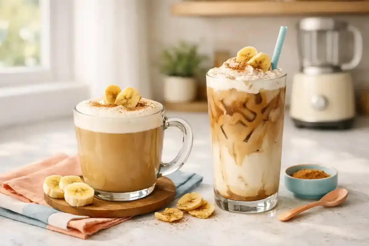 Banana bread latte served hot and iced in transparent glasses with banana slices and cinnamon