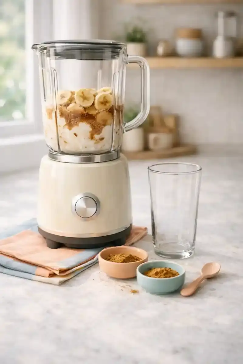 Blending the Banana Bread Latte Base Banana bread latte mixture blended with banana, milk, and spices in a countertop blender