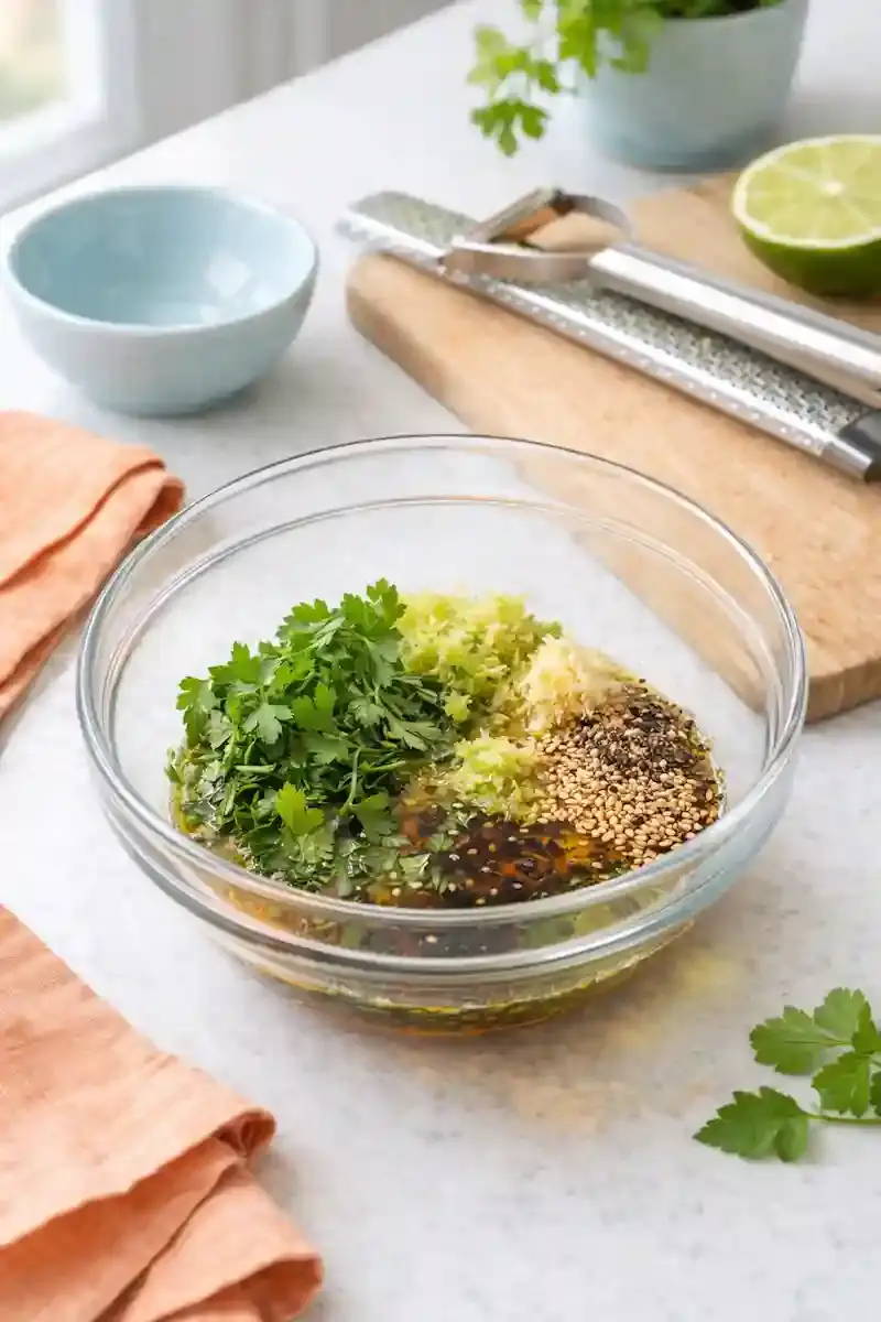 Carrot Ribbon Salad Dressing Ingredients Bowl with parsley, garlic, lime, sesame seeds, and dressing ingredients for carrot ribbon salad