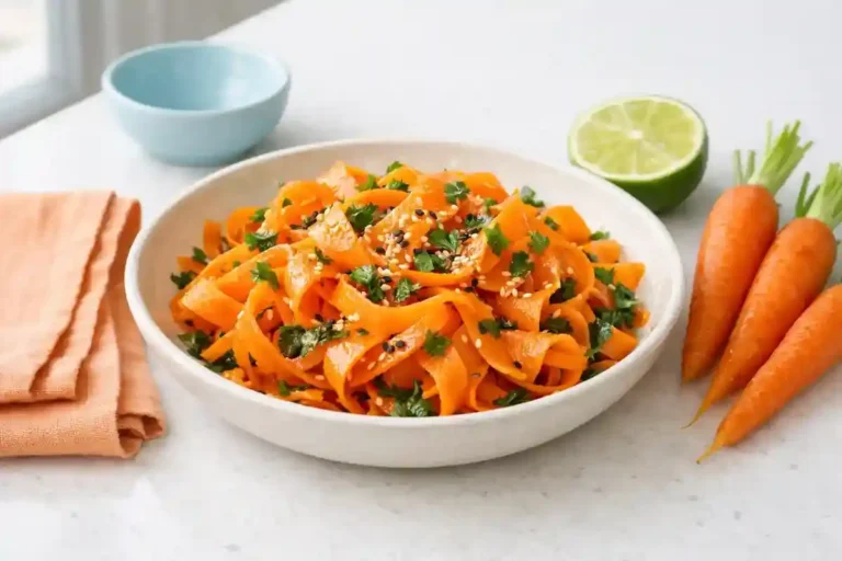 Carrot ribbon salad in a shallow bowl with soy-lime-sesame dressing, parsley, and toasted sesame seeds