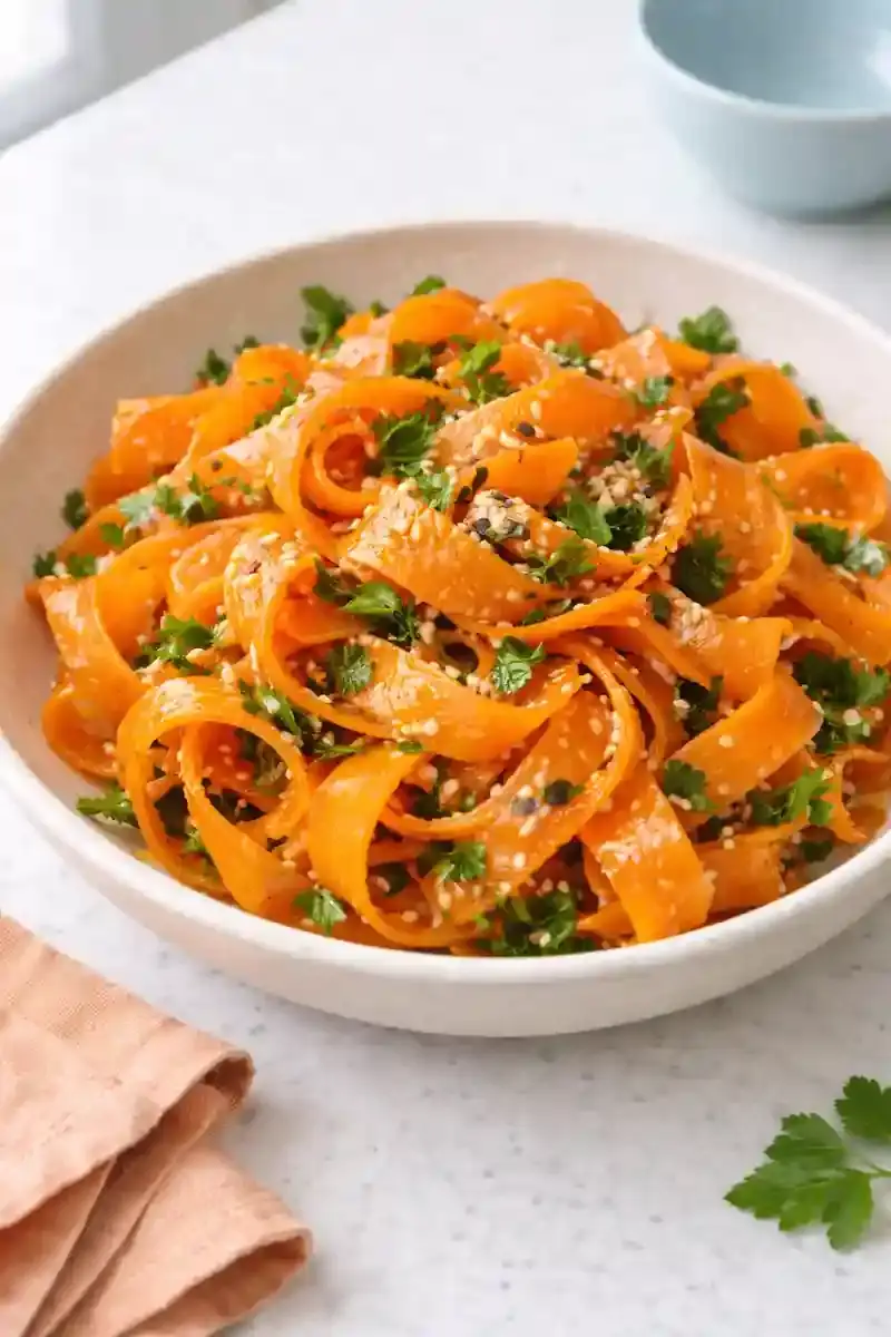 Crisp Carrot Ribbon Salad Texture Close-up of crisp carrot ribbon salad with light dressing and sesame seeds