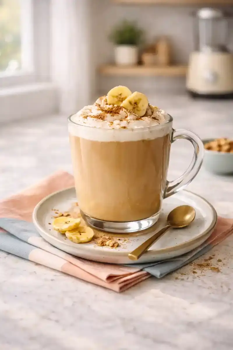 Finished Banana Bread Latte Finished banana bread latte in a transparent serving glass topped with whipped cream and banana chips