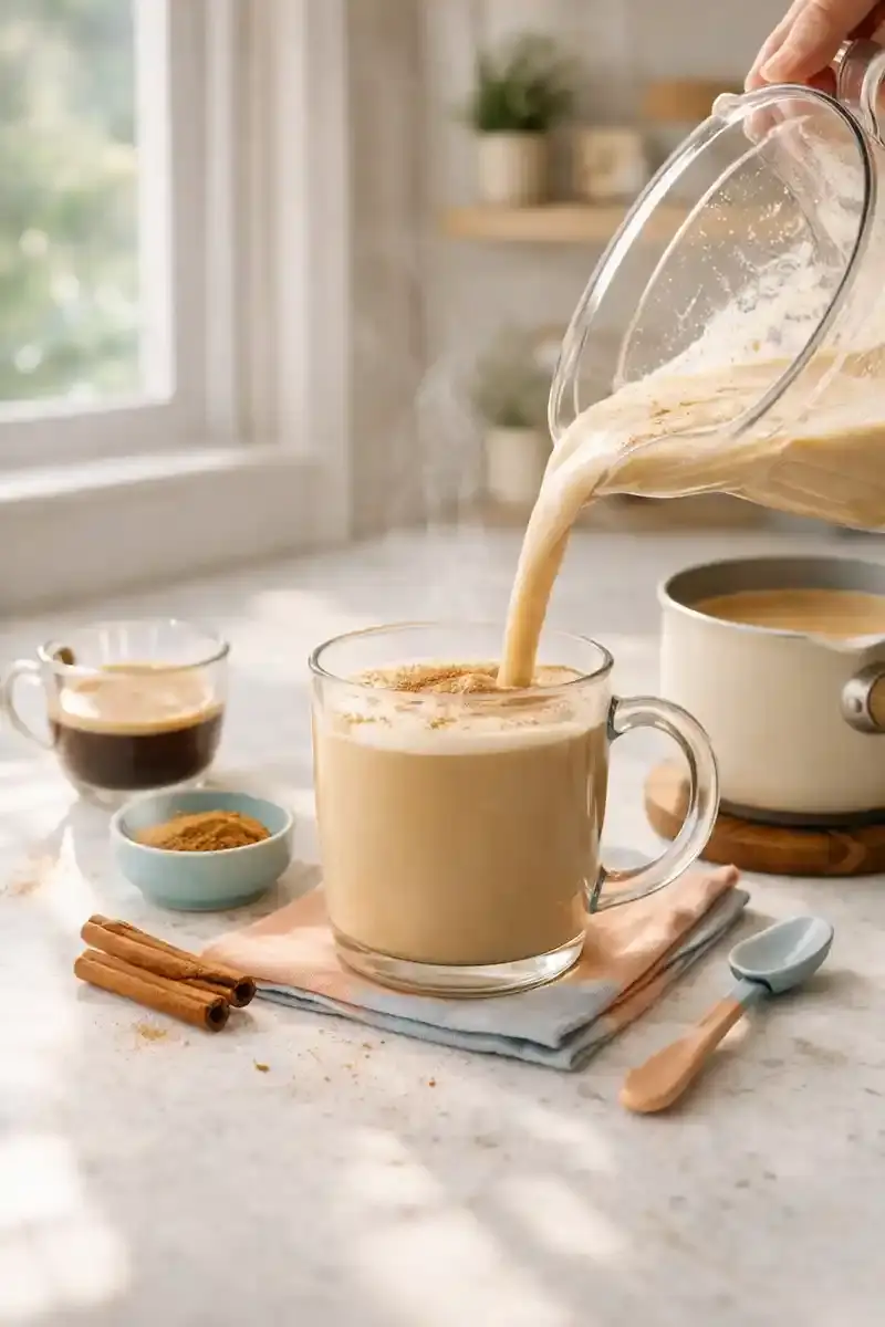Hot Banana Bread Latte Hot banana bread latte in a transparent glass mug with cinnamon on top