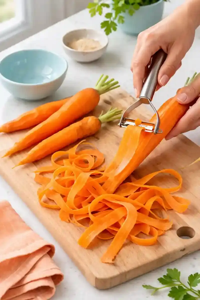 How to Make Carrot Ribbons Making carrot ribbons with a Y-peeler on a cutting board in a bright kitchen