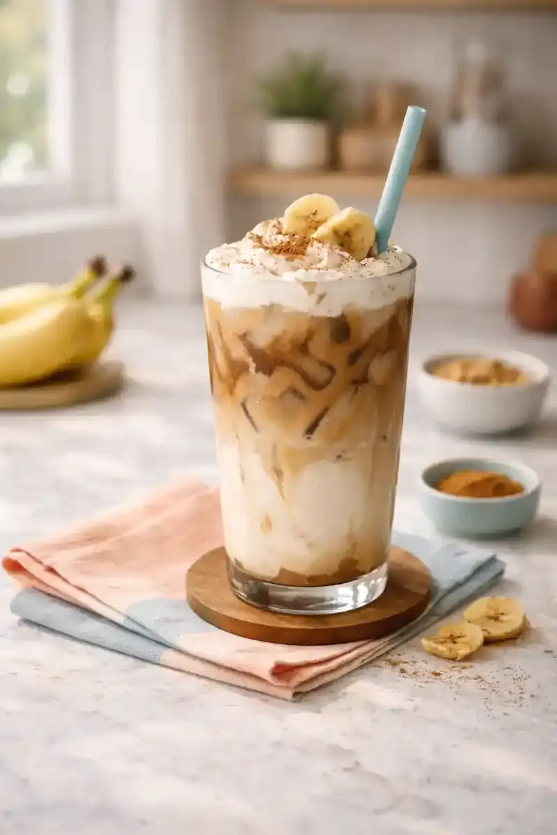 Iced Banana Bread Latte Iced banana bread latte in a transparent glass with ice cubes and banana chip topping