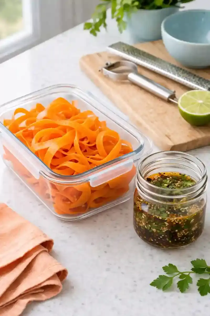 Make-Ahead Carrot Ribbon Salad Prep Carrot ribbons stored separately in a container with dressing in a glass jar for make-ahead prep
