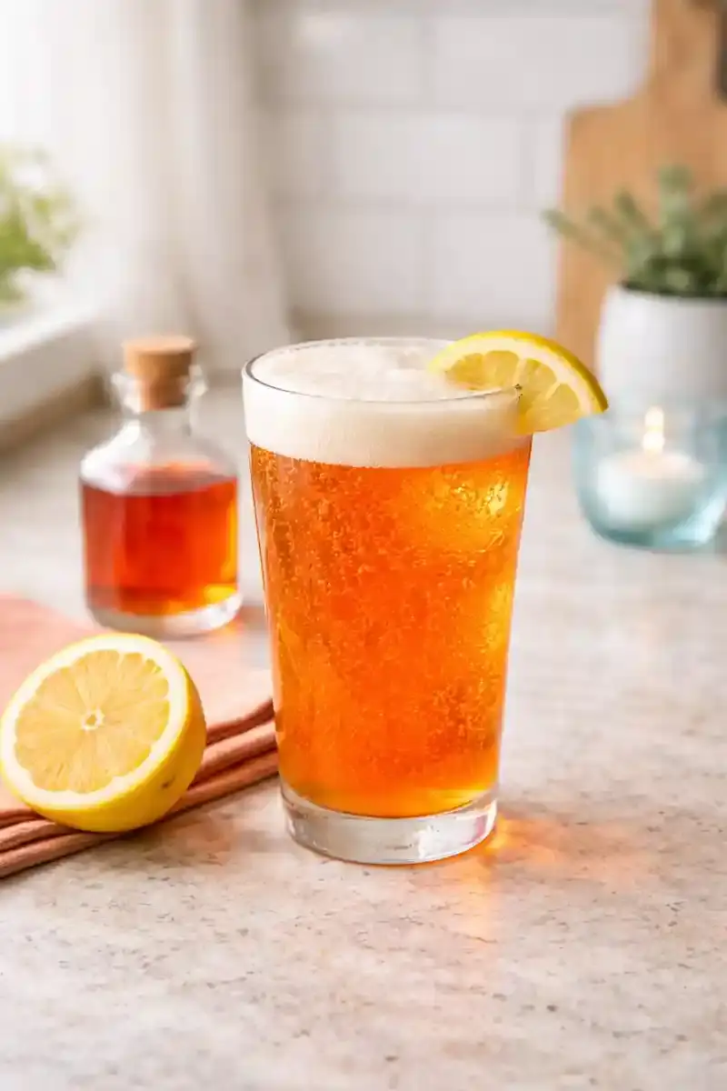 Finished Spaghett Cocktail Finished Spaghett cocktail ready to drink with lemon in a bright modern kitchen with a relaxed summer feel
