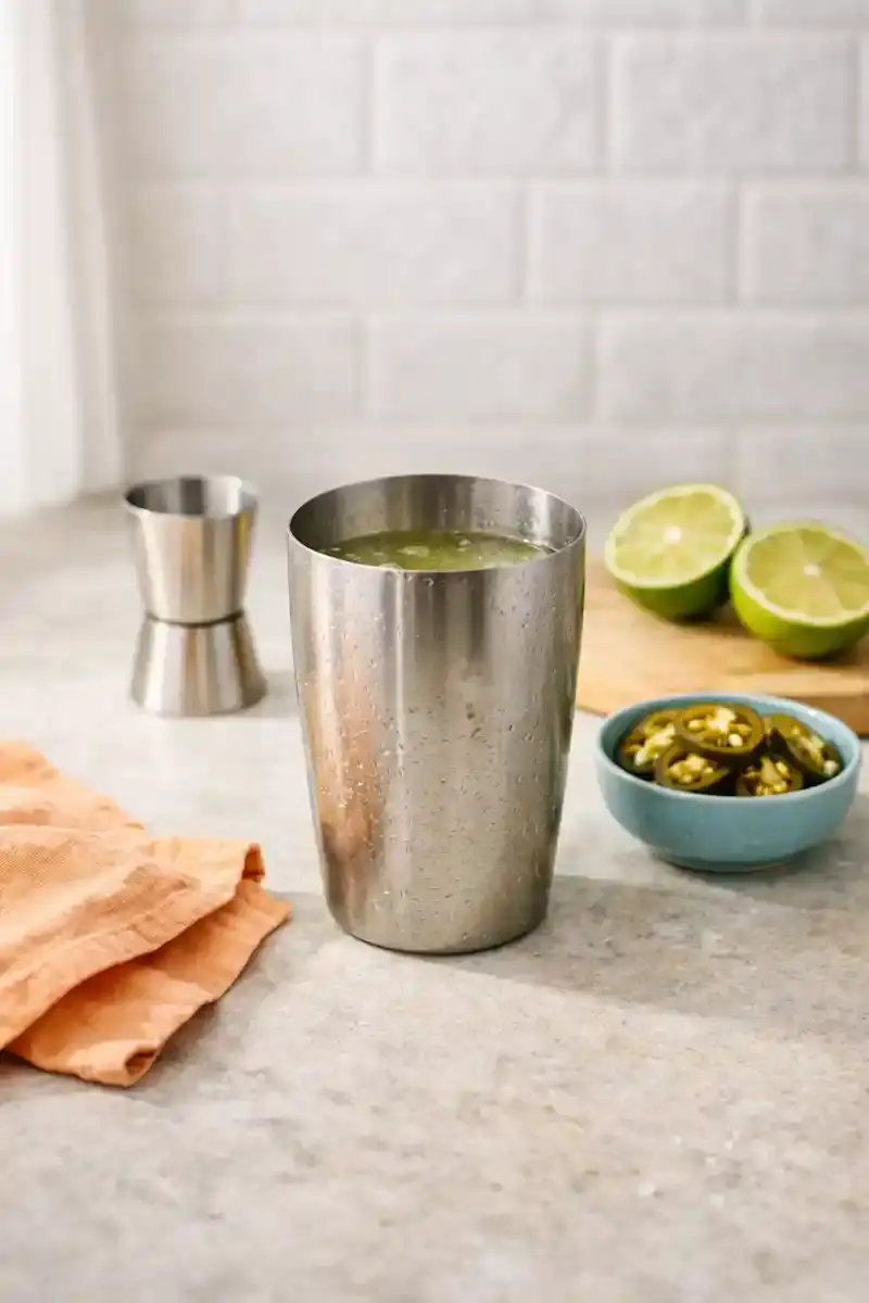 How to Make a Pickled Jalapeño Margarita Pickled jalapeño margarita being prepared with shaker jigger lime and jalapeño brine on a kitchen counter