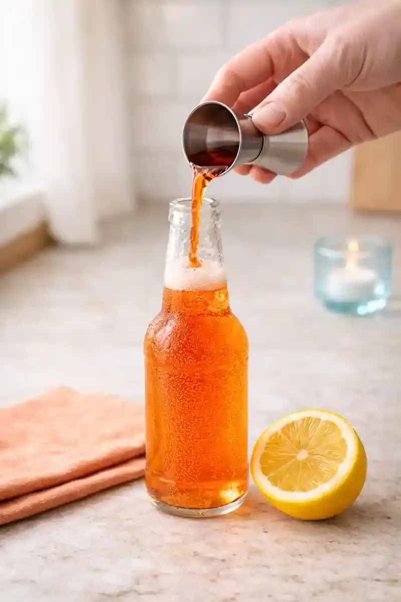 How to Make a Spaghett Cocktail Pouring Aperol into a chilled light lager bottle to make a Spaghett cocktail in a bright modern kitchen