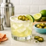 Pickled jalapeño margarita served over ice with lime and pickled jalapeño garnish in a bright home kitchen