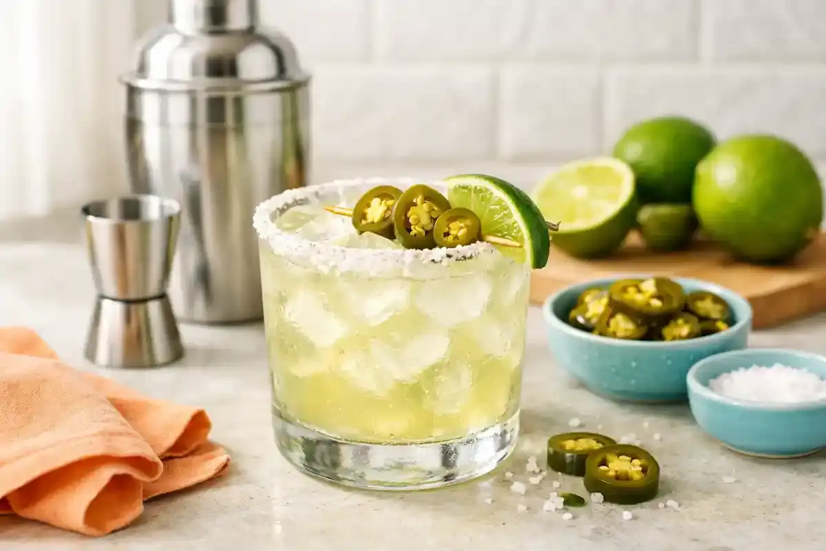 Pickled jalapeño margarita served over ice with lime and pickled jalapeño garnish in a bright home kitchen