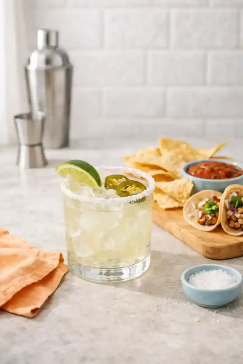 Pickled Jalapeño Margarita Serving Idea Pickled jalapeño margarita served with chips and salsa in a bright kitchen setting