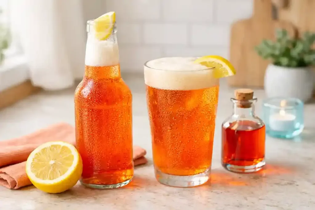 Spaghett cocktail served in a light lager bottle and a chilled pint glass with lemon and Aperol in a bright modern kitchen