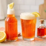 Spaghett cocktail served in a light lager bottle and a chilled pint glass with lemon and Aperol in a bright modern kitchen