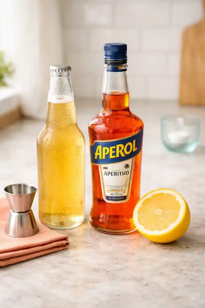 Spaghett Cocktail Ingredients Ingredients for a Spaghett cocktail including light lager beer, Aperol, and fresh lemon on a kitchen countertop