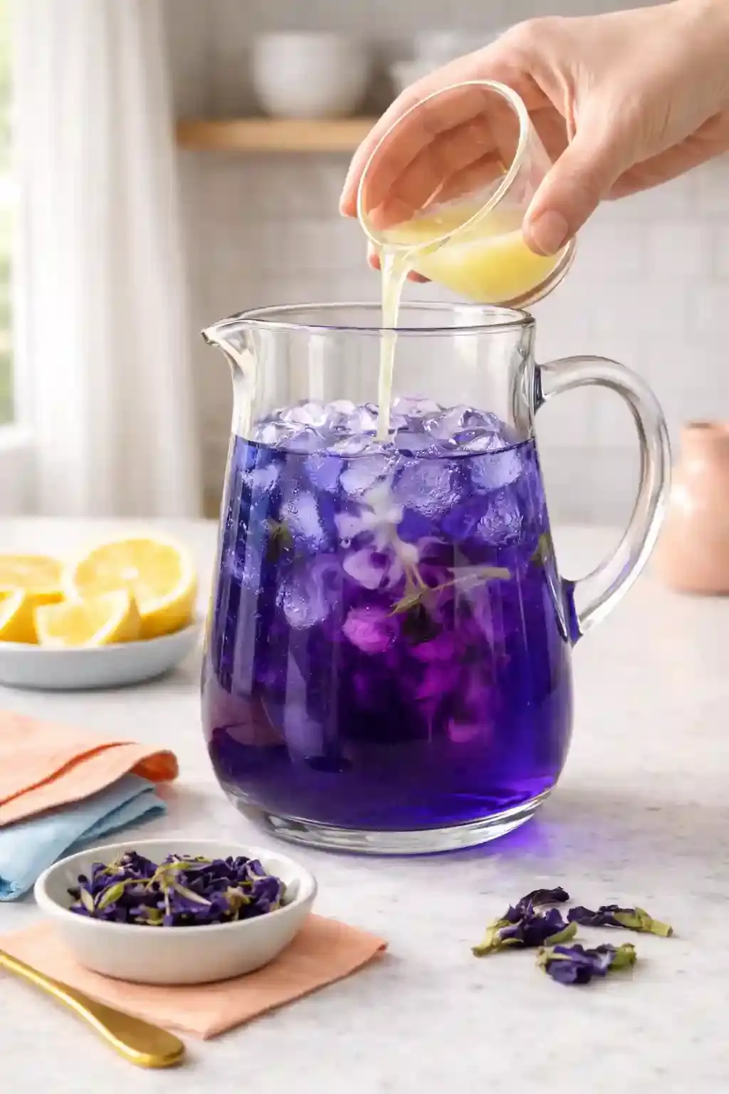 Butterfly Pea Lemonade Color Change Lemon juice being poured into blue butterfly pea tea to create a purple color change