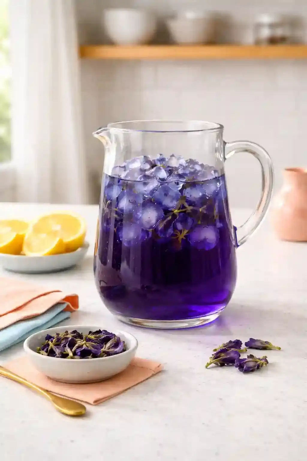 Butterfly Pea Lemonade Ingredients Ingredients for butterfly pea lemonade including butterfly pea flowers, lemon juice, honey, soda water, mint, and ice
