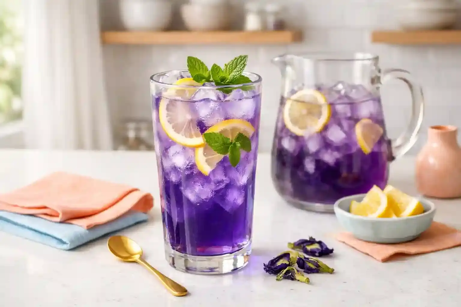 Butterfly pea lemonade served over ice in a tall glass with lemon slices and fresh mint