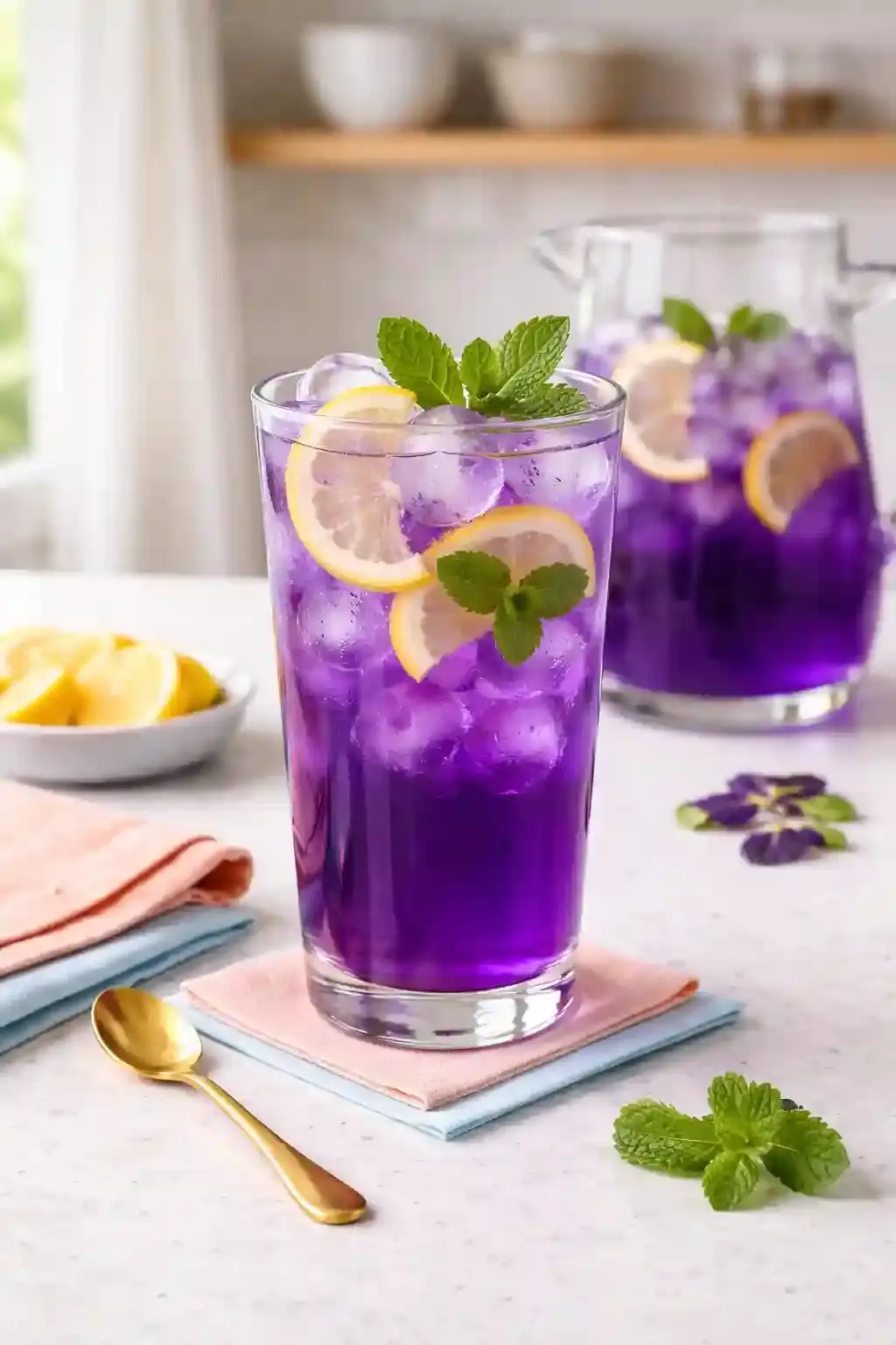 Butterfly Pea Tea Base Deep blue butterfly pea tea in a glass pitcher before lemon juice is added