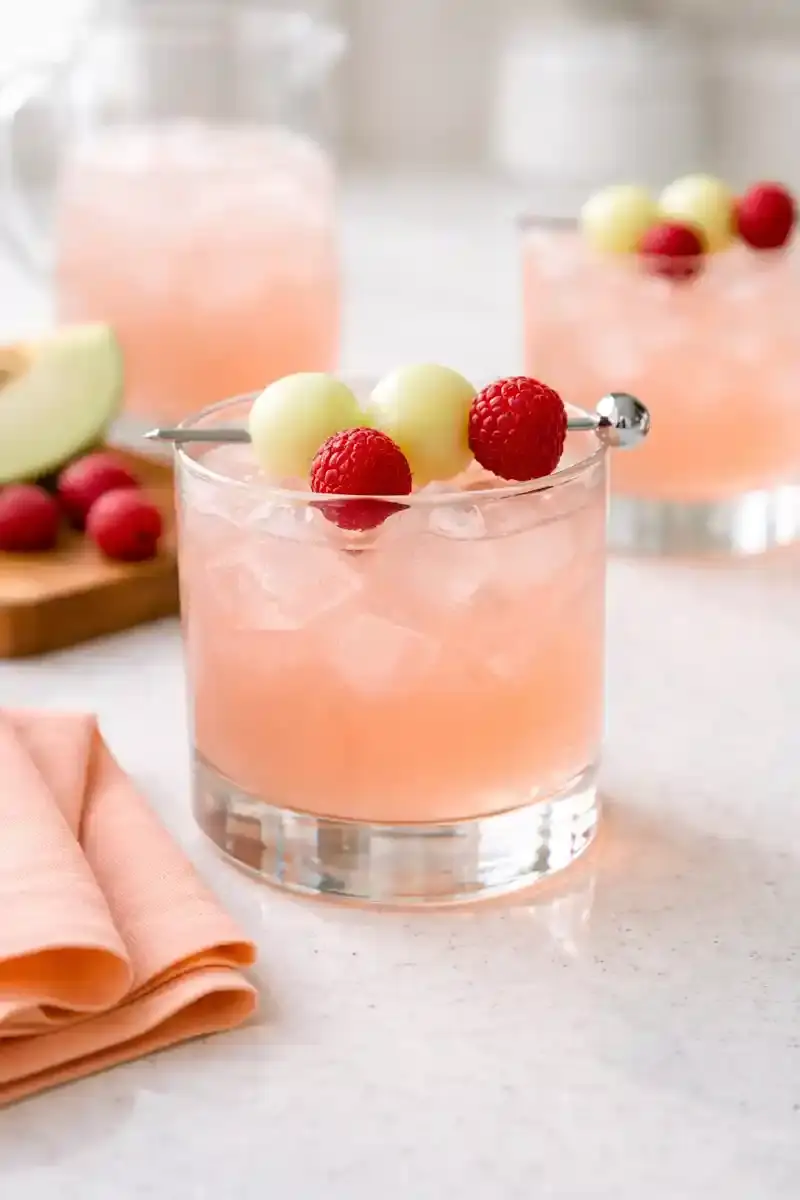 Close-up of a Fresh Raspberry Honey Deuce with honeydew melon balls and raspberries