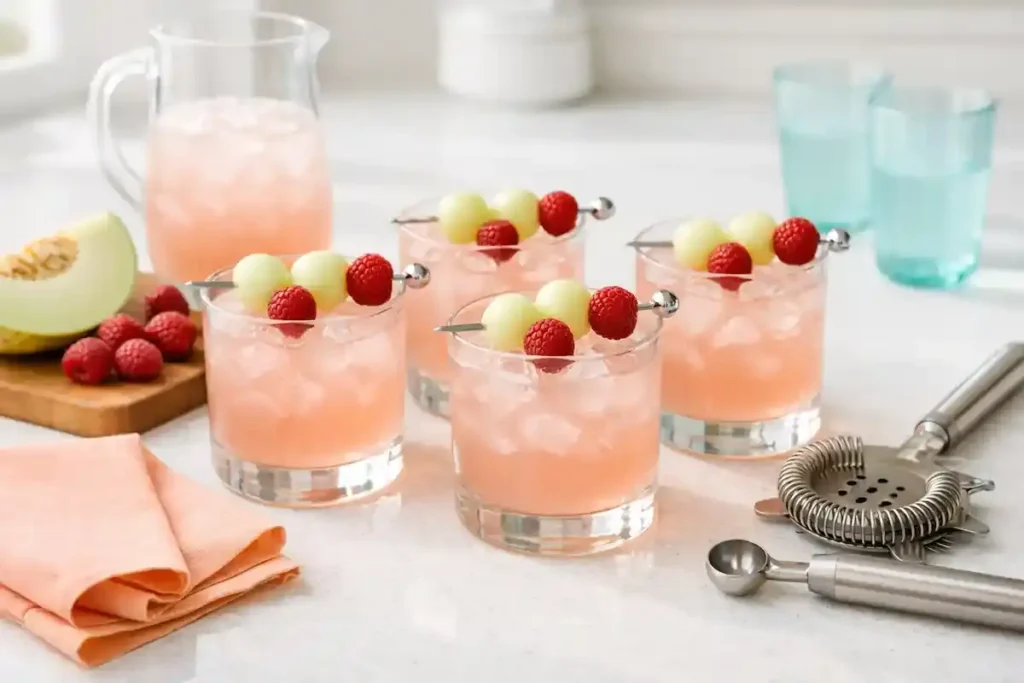 Fresh Raspberry Honey Deuce cocktail served over ice with honeydew melon balls and fresh raspberries