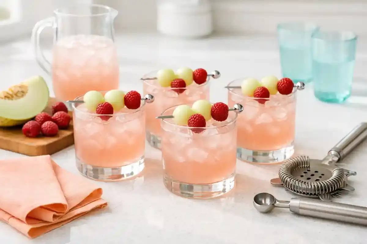 Fresh Raspberry Honey Deuce cocktail served over ice with honeydew melon balls and fresh raspberries