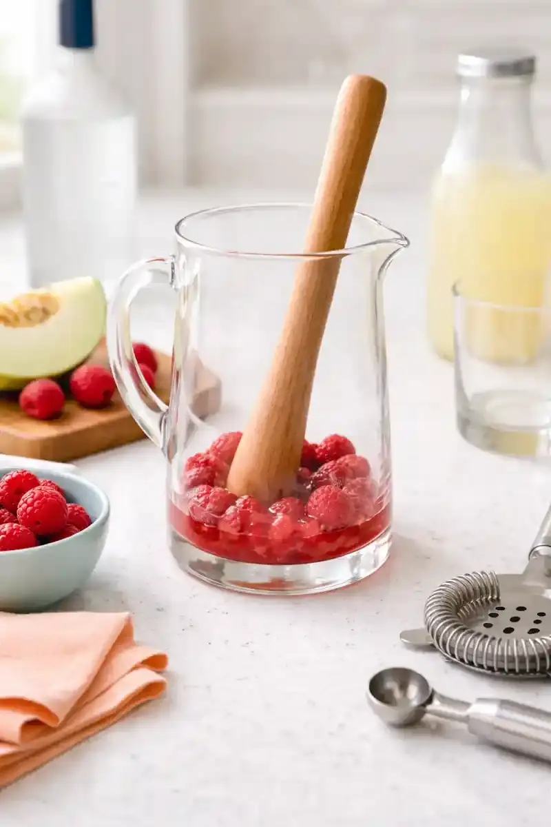 Fresh raspberries being muddled in a pitcher for a Fresh Raspberry Honey Deuce