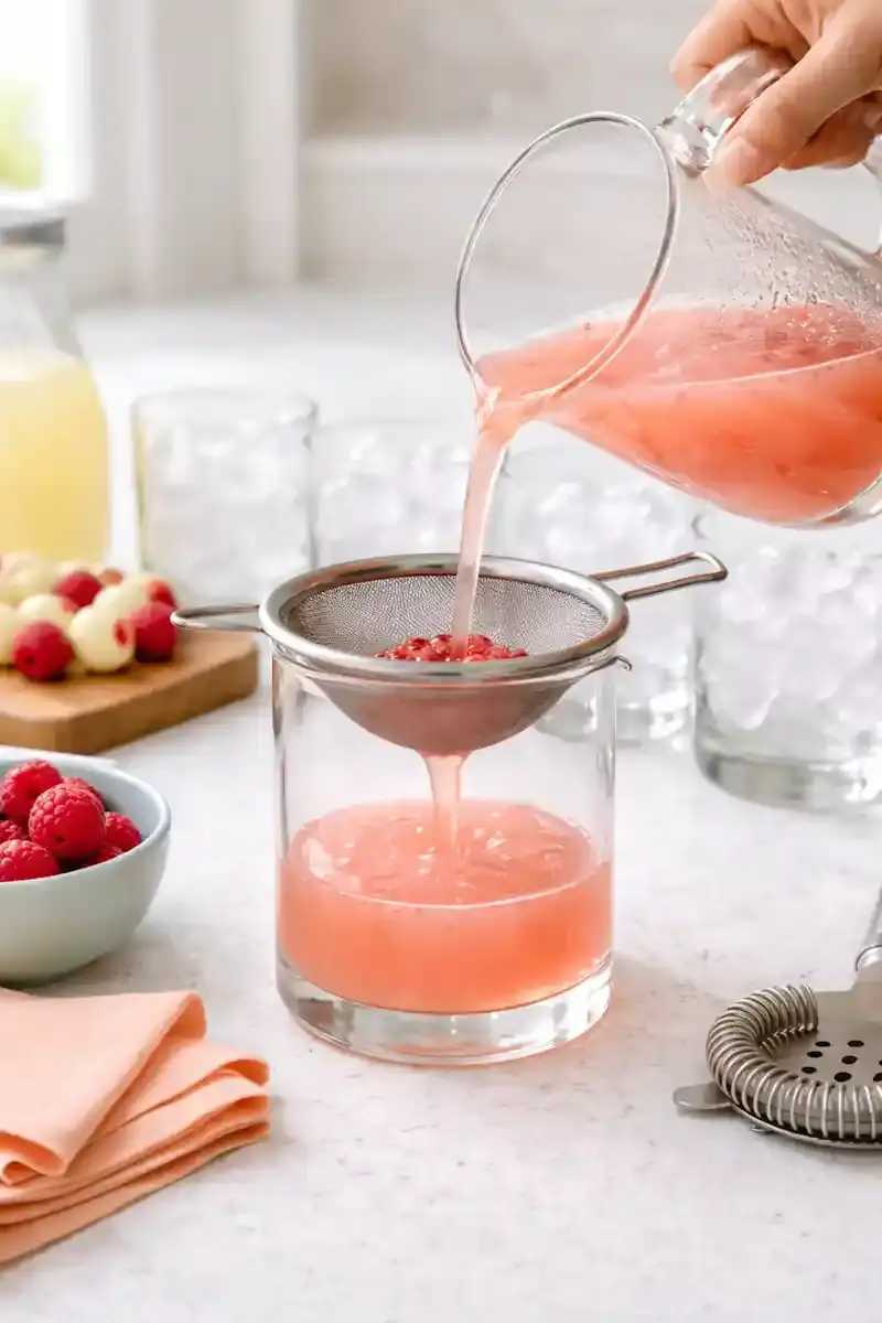 Straining a raspberry cocktail mixture for Fresh Raspberry Honey Deuce