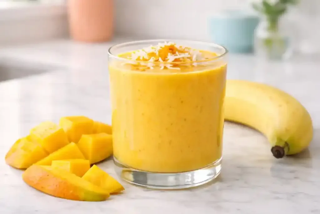 Mango turmeric smoothie in a glass with creamy texture and fresh mango slices