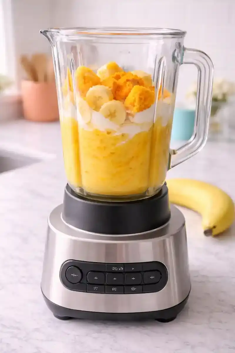 Blending mango turmeric smoothie Blender mixing mango turmeric smoothie ingredients