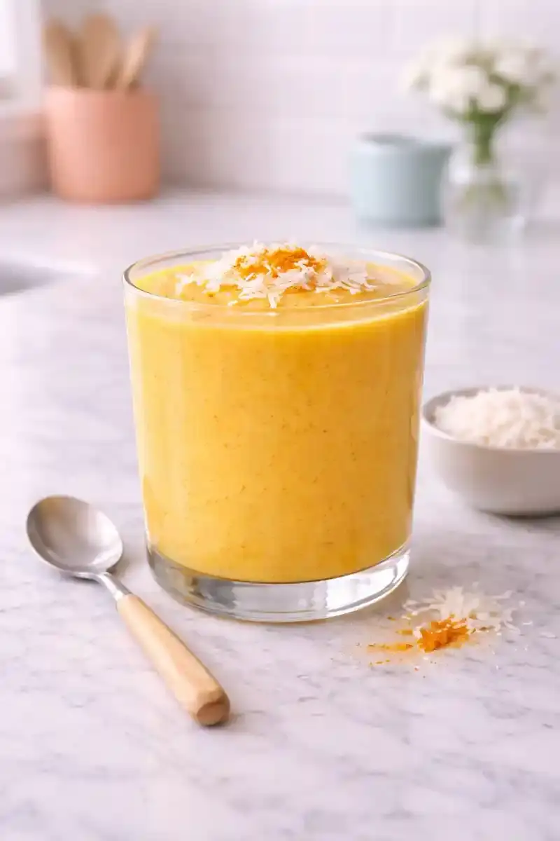 Finished mango turmeric smoothie Finished mango turmeric smoothie in a glass ready to drink