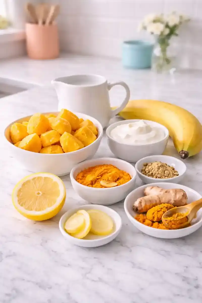 Mango turmeric smoothie ingredients Ingredients for mango turmeric smoothie including mango banana yogurt and turmeric