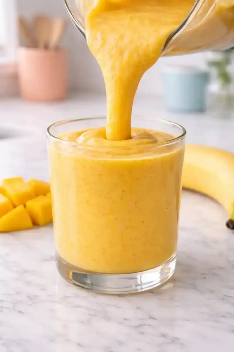 Pouring mango turmeric smoothie Pouring mango turmeric smoothie into a glass showing thick texture