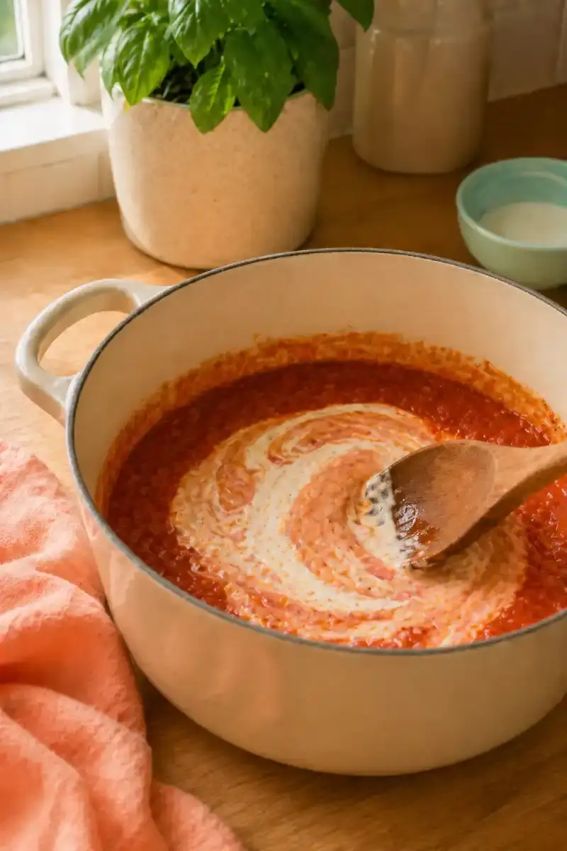 Adding Cream to Palomino Sauce Palomino Sauce cream being stirred into tomato sauce to create a smooth pink sauce