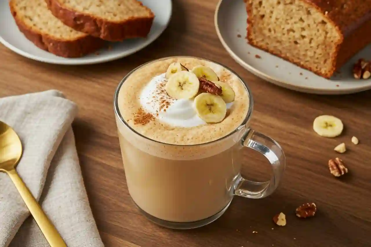 Banana bread latte in a clear glass mug topped with whipped cream, banana chips, and chopped nuts.