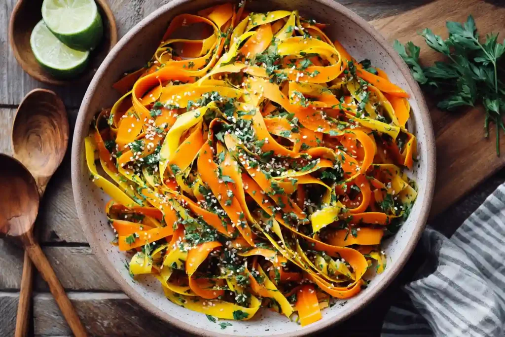 Carrot ribbons, parsley, lime, garlic, and sesame seeds prepared for carrot ribbon salad