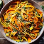 Carrot ribbons, parsley, lime, garlic, and sesame seeds prepared for carrot ribbon salad