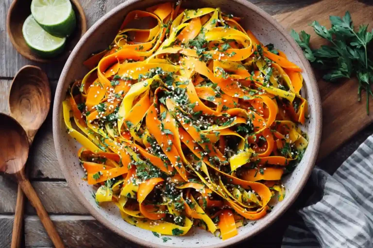 Carrot ribbons, parsley, lime, garlic, and sesame seeds prepared for carrot ribbon salad