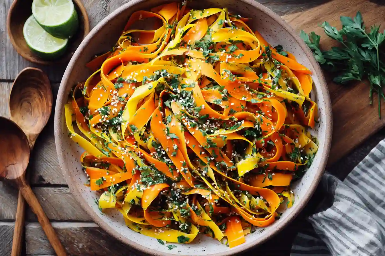 Carrot ribbons, parsley, lime, garlic, and sesame seeds prepared for carrot ribbon salad