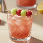 Glass of fresh raspberry honey deuce cocktail with melon ball and raspberry garnish