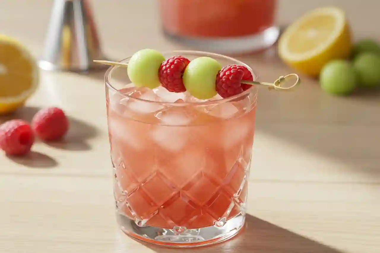 Glass of fresh raspberry honey deuce cocktail with melon ball and raspberry garnish