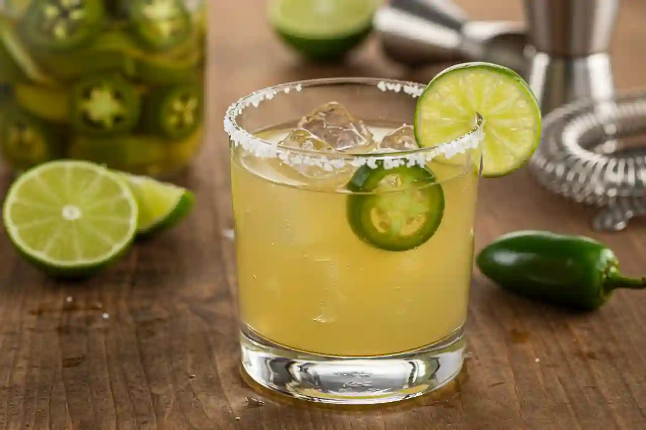 A pickled jalapeño margarita served on ice with lime and jalapeño garnish